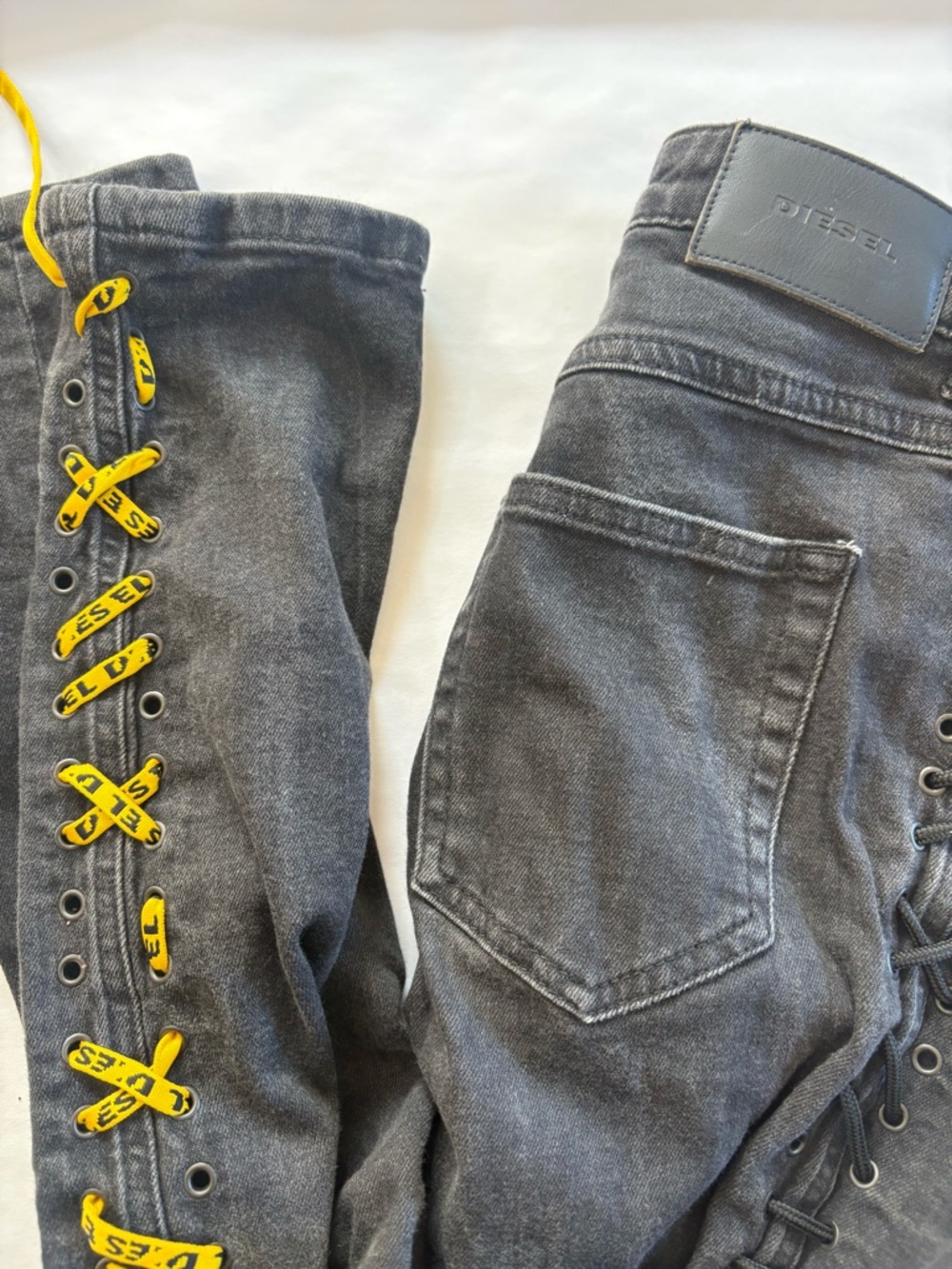 Diesel Black Wash Denim Pants with Yellow Lace Accents
